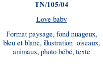 TN/105/04 Love baby Format paysage, fond nuageux, bleu et blanc, illustration  oiseaux, animaux, photo bébé, texte