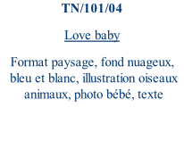 TN/101/04 Love baby Format paysage, fond nuageux,  bleu et blanc, illustration oiseaux  animaux, photo bébé, texte